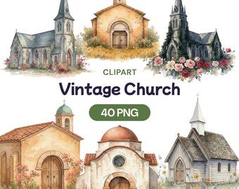Vintage Church Clipart, 40 Watercolor PNG, Rustic Stone Chapel, Old Cathedral, Country Building, Christian Religious Art, Wedding Venue