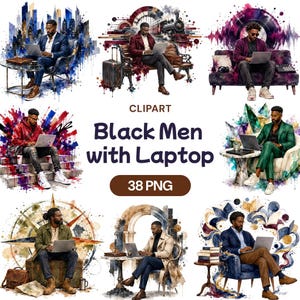 May include: A digital collection of 38 watercolor-style illustrations featuring Black men using laptops in various settings, including cityscapes, train stations, and studios, with the text CLIPART Black Men with Laptop 38 PNG displayed centrally.