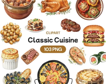Classic Cuisine Clipart, Watercolor Food PNG, World Dinner Menu Bundle, Restaurant Meal Illustration