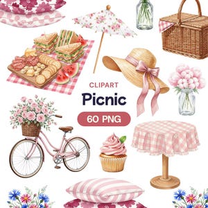Könnte beinhalten: Aquarell-Illustration mit Picknick-Artikeln, darunter ein Picknickkorb, Essen, ein Sonnenhut und ein rosa Fahrrad mit einem Blumenkorb. Der Text "Picnic" und "60 PNG" ist enthalten.