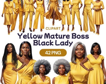Yellow Mature Boss Lady Clipart, Senior Black Woman PNG, Gold Business Suit, African American Office Art, Silver Hair, Elegant Grandma