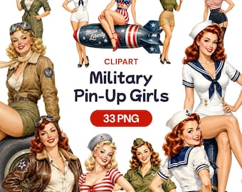 Military Pin Up Girls Clipart, Retro WWII Woman PNG, Vintage Army Graphic, Navy Sailor Decor, Aviation Nose Art, 1940s Female Portrait