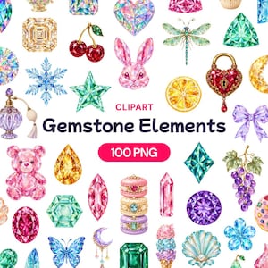 May include: A digital collection of gemstone-themed clipart elements featuring various shapes and objects including a pink crystal rabbit, a red heart-shaped padlock, a dragonfly, cherries, a snowflake, and macarons with the text Gemstone Elements 100 PNG.