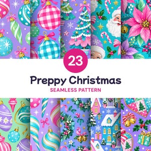 May include: A digital collection of 23 seamless patterns featuring Christmas themes including ornaments, decorated trees, Santa Claus, poinsettias, candy canes, winter houses, and gift boxes in a vibrant palette of pink, blue, green, and purple.