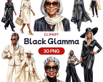 Watercolor Black Glamma Clipart, African American Senior PNG, Glamorous Elder Graphic, Fashion Grandma Art, Chic Lady Decor