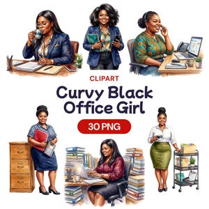 May include: A digital clipart collection featuring illustrations of Black office professionals in various work settings, including desks with laptops, filing cabinets, and office supplies, with the text "CLIPART Curvy Black Office Girl 30 PNG".