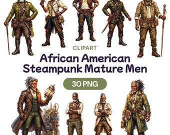 African American Steampunk Mature Men Clipart, Black Elder PNG, Retro Victorian Graphic, Vintage Sci Fi Art, Cool Grandpa Decor