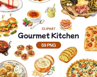 Imágenes prediseñadas de comida gourmet en acuarela, PNG de alta cocina, gráfico de menú de restaurante, arte culinario de comidas, ilustración de cocina global