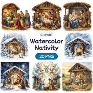 Puede incluir: Una colección de escenas de natividad en acuarela que presentan a la sagrada familia, pastores y animales en establos de madera. El texto dice CLIPART Watercolor Nativity 20 PNG. Estas ilustraciones muestran diversos entornos invernales.