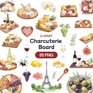 May include: Watercolor clipart featuring various charcuterie boards with cheese, meats, grapes, and figs. Includes wine bottles, glasses, olives, and a lemon. The text "Charcuterie Board" and "85 PNG" are also present.