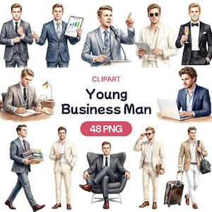 May include: A set of watercolour illustrations depicting young business professionals in various poses. The images show men in suits, holding a clipboard, speaking into a microphone, and using a laptop. The text "Young Business Man" and "48 PNG" are also present.