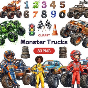 May include: A digital clipart set featuring monster trucks, racing drivers, numbers, and racing accessories. The trucks are in various colors with flames and graphics. Includes a traffic light, checkered flags, and a traffic cone. The text reads "Monster Trucks" and "83 PNG".