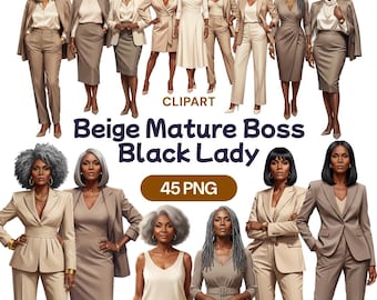 Beige Mature Black Woman Clipart, Senior Boss Lady PNG, African American Office Fashion, Neutral Suit, Silver Hair, Elegant Grandma