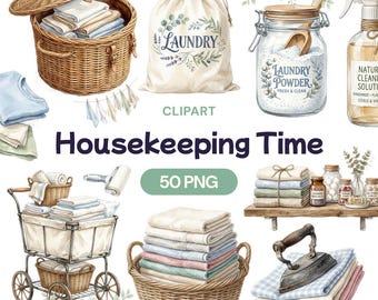 Housekeeping Time Clipart, Laundry Day PNG, Watercolor Cleaning Graphic, Wash Room Art, Utility Space Decor