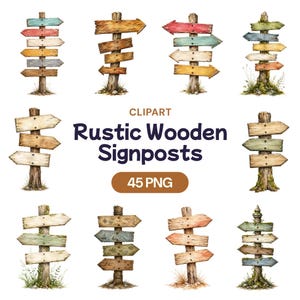 Könnte beinhalten: Eine Sammlung von zwölf rustikalen Holzwegweisern mit verschiedenen Richtungspfeilen und verwitterten Texturen. Der Text CLIPART Rustic Wooden Signposts 45 PNG ist mittig zwischen den in einem Raster angeordneten Schildern platziert.