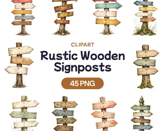 Imaginary Places Signpost Clipart, Rustic Wooden Directional Sign PNG, Blank Wood Arrow Graphic, Fairytale Journey Art