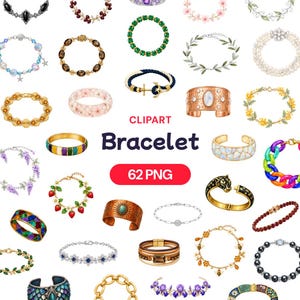 May include: A collection of various bracelet designs including beaded, chain, cuff, and charm styles in gold, silver, and colorful finishes. The image features the text CLIPART Bracelet 62 PNG, showcasing diverse jewelry graphics for digital use.