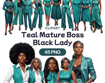 Teal Mature Black Woman Clipart, Senior Boss Lady PNG, African American Office Fashion, Turquoise Suit, Silver Hair, Elegant Grandma