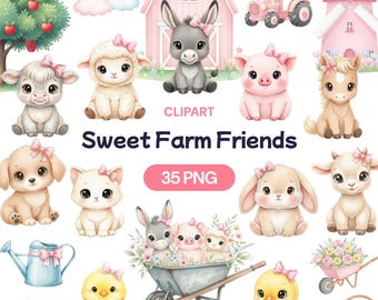 Pink Farm Clipart, 35 Cute Barnyard Animal PNG, Girl Nursery Art, Watercolor Cow Pig Horse, Baby Shower Graphics, Sweet Friends