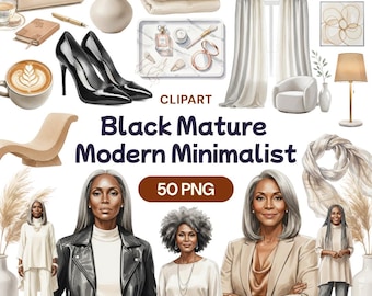 Black Mature Modern Minimalist Clipart, 50 African American Senior PNG, Neutral Beige Fashion, Clean Girl Aesthetic, Elderly Home Decor