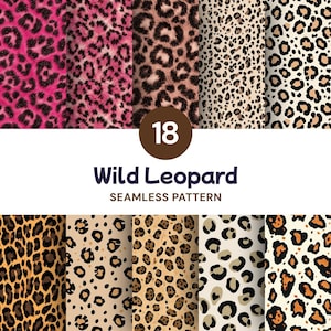 May include: A collection of 18 seamless leopard print patterns displayed in a grid. The designs feature various color combinations including bright pink, tan, beige, and cream backgrounds with black and brown spotted animal print motifs.
