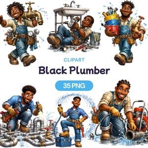 Op de afbeelding: Een digitale illustratie met meerdere afbeeldingen van een lachende zwarte loodgieter in verschillende poses. De loodgieter draagt werkkleding en houdt gereedschap, pijpen en emmers vast. De tekst "Black Plumber" en "35 PNG" zijn ook zichtbaar.