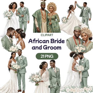 May include: Digital clipart featuring illustrations of African brides and grooms in various poses. The images showcase couples in wedding attire, including white wedding dresses and green suits. The text "African Bride and Groom" is displayed.