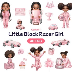 Puede incluir: Una colección de ilustraciones de clipart rosas con el tema "Little Black Racer Girl". Las imágenes incluyen coches de carreras, trofeos, cascos y un letrero de parada en boxes. El texto "40 PNG" también es visible.