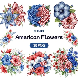 May include: A selection of watercolour clipart featuring American flowers in red, white, and blue. The image includes various floral arrangements, such as lilies, hibiscus, and bouquets, with patriotic designs. Text on the image reads "CLPART American Flowers 35 PNG."