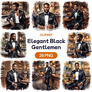 May include: A collection of watercolor-style digital illustrations featuring Black men in black tuxedos with bow ties, depicted in various bar and lounge settings, with the text "CLIPART Elegant Black Gentlemen 26 PNG" centered in the image.