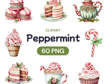 Watercolor Peppermint Clipart, Cute Christmas Candy Cane Bark Transparent PNG Bundle, Cool Xmas Holiday Swirl Stick, Commercial Use License