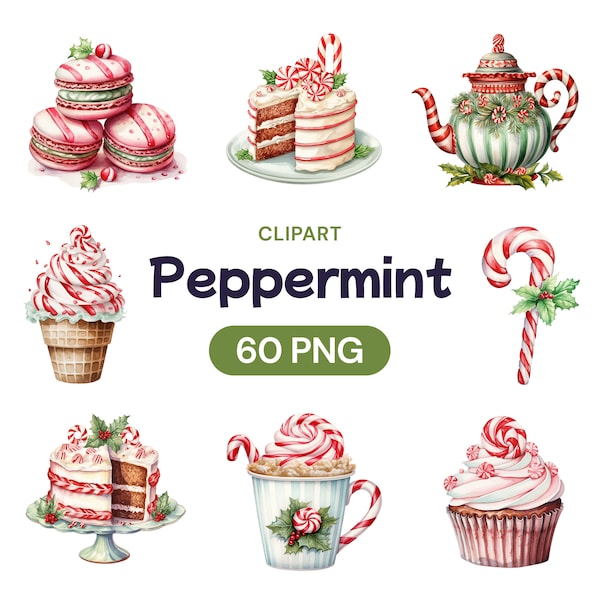 Watercolor Peppermint Clipart, Cute Christmas Candy Cane Bark Transparent PNG Bundle, Cool Xmas Holiday Swirl Stick, Commercial Use License