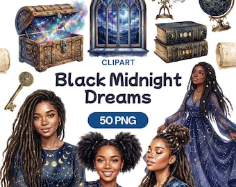 Clipart de Sueños de Medianoche Negros, Mujer Afroamericana PNG, Gráfico de Noche Estrellada, Magia Celestial, Ilustración de Chica Astrológica, Vestido Galaxia