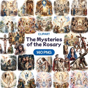 Puede incluir: Una colección de ilustraciones en acuarela que representan escenas de la Biblia, incluyendo el nacimiento de Jesús, la Última Cena y la crucifixión. El texto "The Mysteries of the Rosary" se muestra con "140 PNG" debajo.