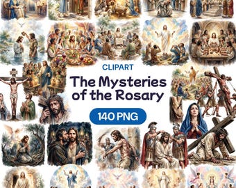 Mysteries of the Rosary Clipart, Catholic Jesus PNG, Watercolor Bible Graphic, Christian Faith Art, Religious Education Decor