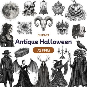 Peut inclure: Une collection d'illustrations numériques en noir et blanc comprenant une pleine lune, des crânes, une citrouille, une araignée sur une rose, un crâne de bélier, une couronne, un livre, un cercueil, un candélabre, un corbeau et des personnages vêtus de sombre avec le texte CLIPART Antique Halloween 72 PNG.