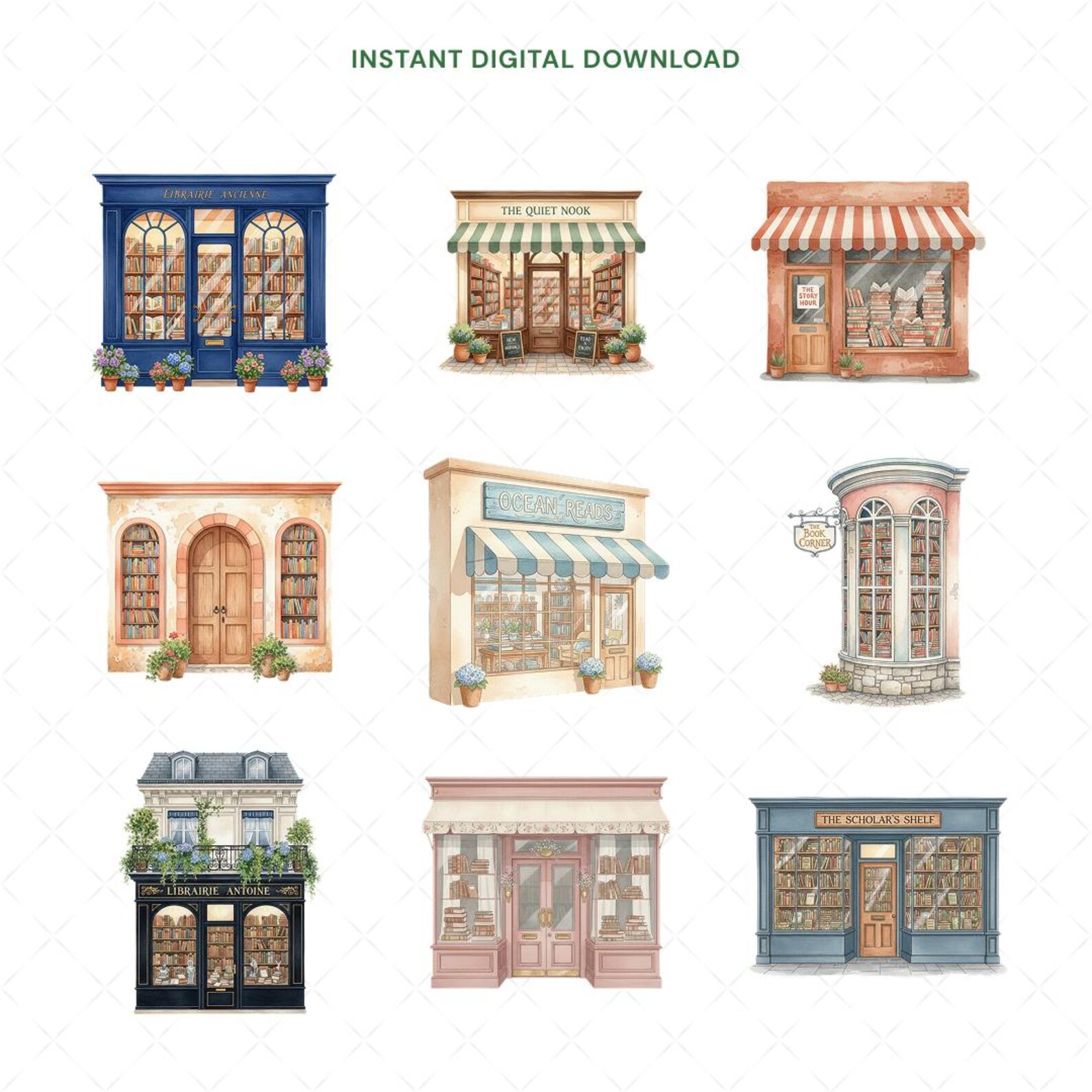 Storefront Library Bookshops Clipart, 38 Watercolor Bookstore PNG, Vintage Storefront ...