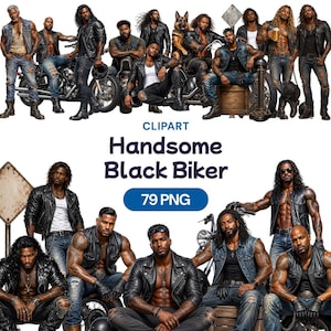 May include: A collection of 79 PNG clipart images featuring Black men in biker attire, including leather jackets, denim vests, and jeans. Some figures are posed with motorcycles, a German Shepherd, or wooden crates, all set against a white background.