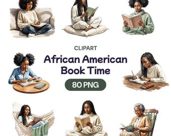 Clipart de la hora del libro afroamericano, PNG de chica negra leyendo, paquete para amantes de los libros, estudio acogedor en la biblioteca, arte de lectura en acuarela