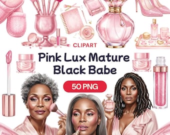 Pink Lux Mature Black Babe Clipart, 50 Senior African American PNG, Makeup Beauty Graphics, Melanin Self Care Art, Grey Hair Glamour Bundle
