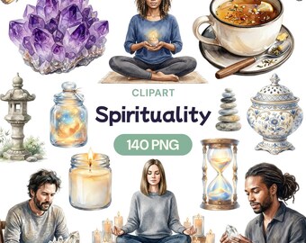 Spirituality Clipart, Watercolor Meditation, Zen Yoga PNG, Boho Mystical Art, Healing Crystal Graphic