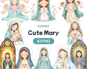 Cute Mary Clipart, Watercolor Virgin Mary PNG, Mother of God Graphic, Catholic Saint Art, Baby Jesus Illustration, Blessed Mother
