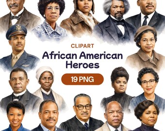 African American Heroes Clipart, Black History Month Watercolor Portraits (19 PNG)