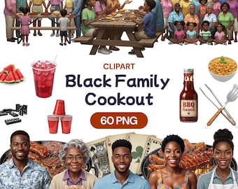 African American Family Cookout Clipart, BBQ Picnic PNG Set (60 files)