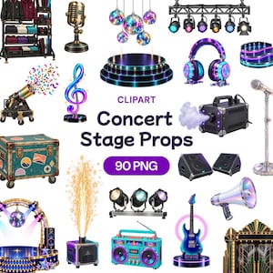 Puede incluir: Una colección de accesorios para escenarios de conciertos que incluye un micrófono vintage, bolas de discoteca, equipos de iluminación, un cañón de confeti, una nota musical, auriculares, una máquina de humo, un baúl, altavoces, un megáfono, una guitarra y un radiocasete.