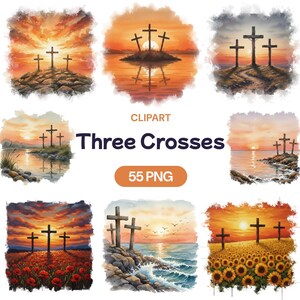 Könnte beinhalten: Eine Sammlung von Bildern im Aquarellstil mit drei Kreuzen vor Sonnenuntergangshimmeln. Die Bilder zeigen Kreuze auf felsigem Gelände, Inseln und Blumenfeldern. Die Wörter "CLPART" und "Three Crosses" werden angezeigt.