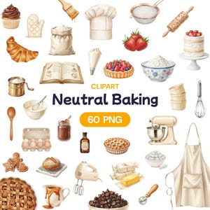 Puede incluir: Conjunto de imágenes prediseñadas de acuarela con ilustraciones sobre el tema de la repostería. Incluye un gorro de chef, un rodillo, una tarta, un pastel y varias herramientas de repostería. También se ve el texto "Neutral Baking" y "60 PNG".