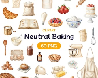 May include: Watercolor clipart set featuring baking-themed illustrations. Includes a chef's hat, rolling pin, pie, cake, and various baking tools. The text "Neutral Baking" and "60 PNG" are also visible.