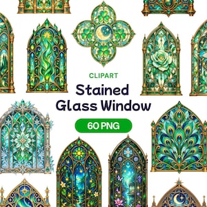 Puede incluir: Una colección de ilustraciones digitales de vidrieras con varios diseños en verde y azul, incluyendo patrones florales, lunas celestiales y plumas de pavo real, con el texto CLIPART Stained Glass Window 60 PNG.