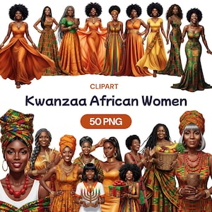 May include: Digital illustration of multiple African women in colorful dresses and head wraps. The image includes the text "CLPART Kwanzaa African Women 50 PNG". The women are depicted in various poses, with some holding gifts or baskets.